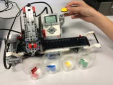 EV3 Colour Sorter uses the colour sensor and then delivers the block to the correct cup.